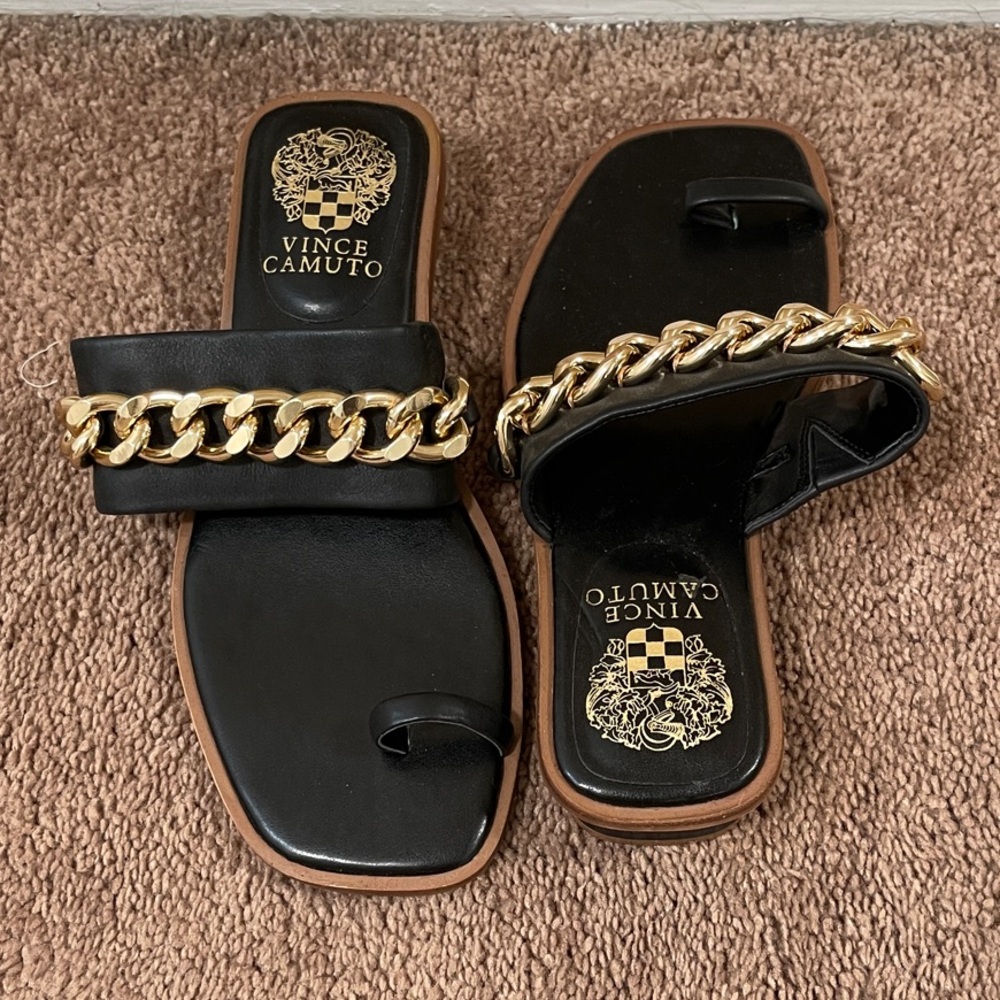 Vince Camuto Black Sandals with Gold Chain Detail